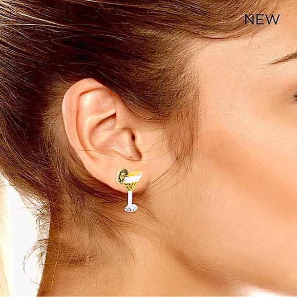 Fun, Summer, Martini Stud Earrings, Betsy J., Silver-tone,Sparkle Crystals, NWT - Picture 3 of 11